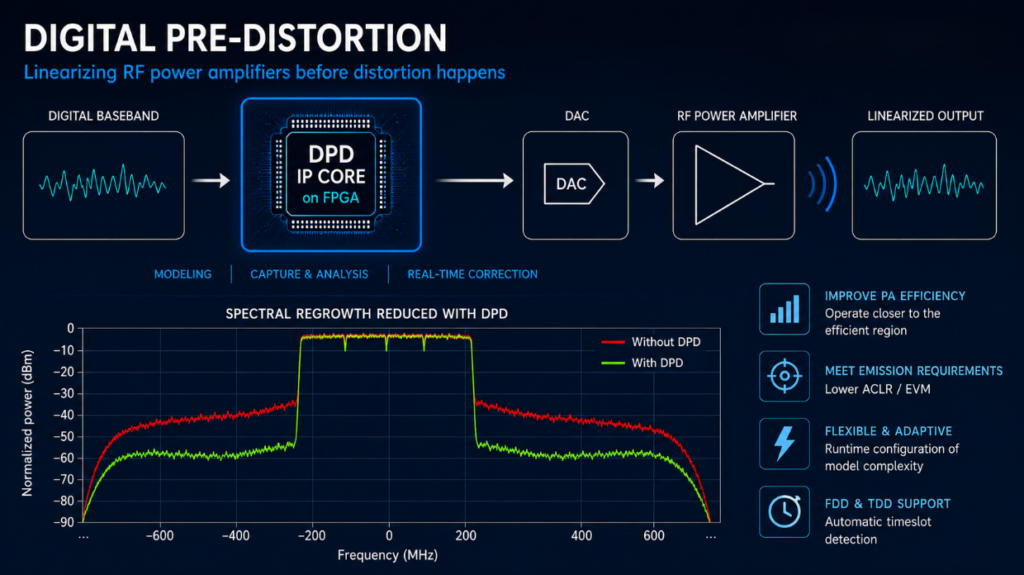 Digital Pre-Distortion implementation flow for RF Power Amplifier linearization and spectral regrowth reduction