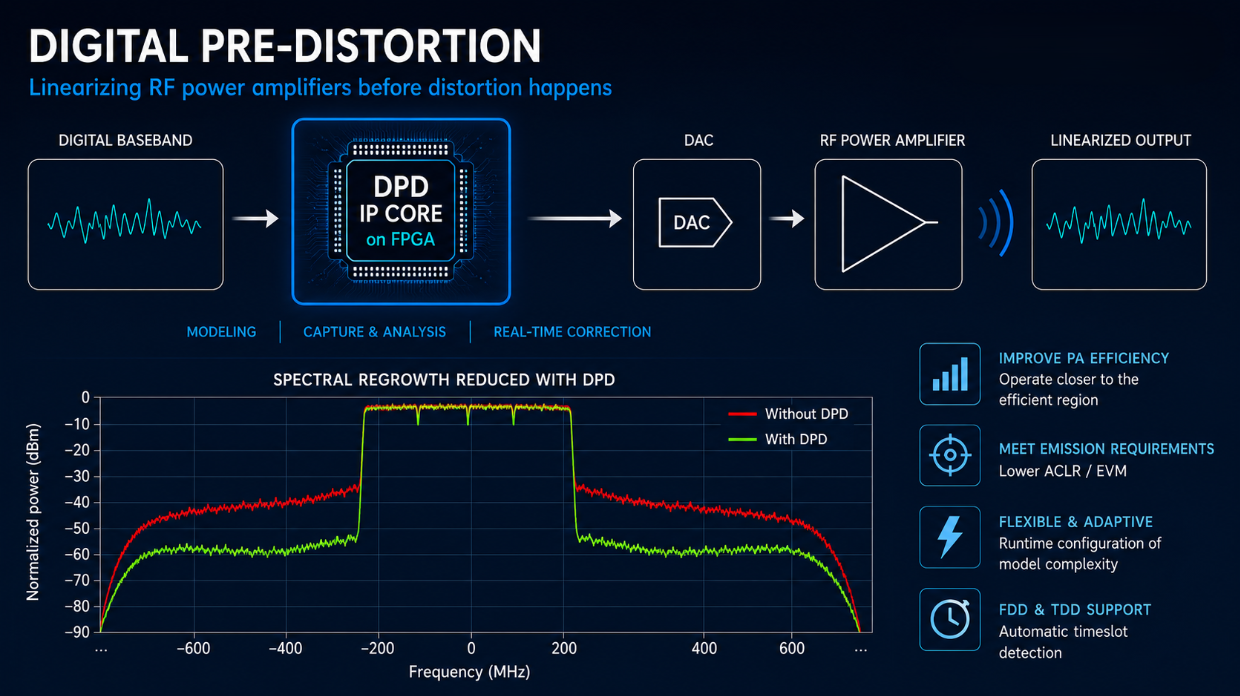 Digital Pre-Distortion implementation flow for RF Power Amplifier linearization and spectral regrowth reduction